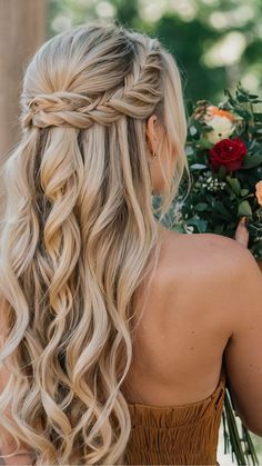 Chic and Charming: 15 Half Up Half Down Prom Hairstyles Ideas for Every Hair Type 41 Wedding Hair Half Up Front View, Bridesmaid Hairstyles Front View, Half Up Half Down Wedding Hair Bridesmaid, Medium Length Braided Hairstyles, Braided Half Up Half Down, Wedding Hairstyles Front View, Half Up Braid, Viking Hairstyle, Half Down Prom Hairstyles