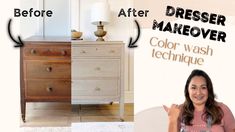 the before and after of a dresser makeover with color wash technique, including white paint