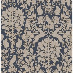 an intricately designed wallpaper with birds and flowers in blue, beige and white