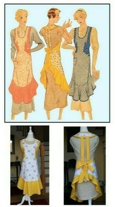 three different styles of women's aprons and dresses on mannequins