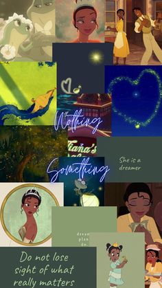 the princess and the frog are all in different pictures, but one is not sure to see