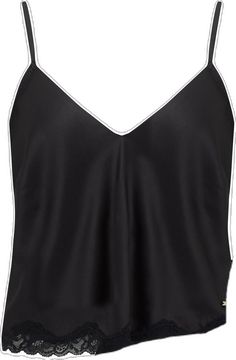 Black Tank Top For Summer Sleepwear, Black Tank Top For Sleep In Summer, Black Satin Cami Top, Black Summer Camisole For Sleep, Black Satin Camisole Top, Black Tops With Adjustable Straps For Loungewear, Black Satin Cami Tank Top, Black Spaghetti Strap Top For Sleep, Black Summer Night Camisole