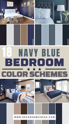 Set sail into tranquility with these 18 amazing navy blue bedroom color scheme ideas. Explore the serene and sophisticated world of navy nights as you create a peaceful retreat in your home. Color Pallet Navy Blue, Grey And Navy Blue Color Palette, Navy Blue Headboard Bedroom Ideas Accent Wall, Navy Blue Bedding Bedroom, Colors That Match Navy Blue, Navy Blue Wall Bedroom Ideas, Navy Blue Neutral Color Palette, Bedroom Blue Color Schemes, Dark Blue And Gray Bedroom