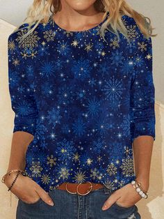 Women Christmas Snowflake Long sleeve Tops Festive Winter Crew Neck Top, Winter Holiday Long Sleeve Tops, Blue Long Sleeve Tops For Christmas, Blue Long Sleeve Christmas Tops, Winter Festive Long Sleeve Tops, Blue Holiday Tops For Christmas, Festive Long Sleeve Tops For Christmas, Festive Long Sleeve Top For Holidays, Festive Long Sleeve Tops For Holiday