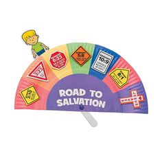 the road to salvation paper fan has stickers on it's side and is multicolored