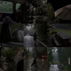 several images of people walking in the rain with umbrellas