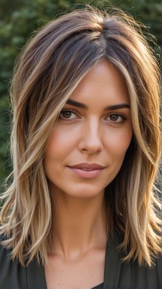 Womens Short Straight Hair, Short Brown Hair With Highlights Straight Bob Hairstyles, Lob Haircut Long Bangs, Bob Haircut Blonde Highlights, Women Shoulder Haircut, Balayage Long Bob Blonde, Blond Lob Haircut Shoulder Length, Colorbone Length Hair Cuts, Thick Hair Shoulder Length