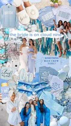 the bride is on cloud nine collage with blue sky and white balloons in the background