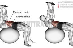 a man is doing exercises on an exercise ball with one arm and the other leg behind him