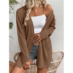 -Item Id 40552387 -Details: Pocket -Sleeve Type: Regular Sleeve -Style: Casual -Hem Shaped: Regular -Color: Coffee Brown -Pattern Type: Plain -Sleeve Length: Long Sleeve -Fit Type: Regular Fit -Length: Regular -Material: Knitwear -Composition: 100% Polyester -Care Instructions: Hand Wash Or Professional Dry Clean -Sheer: Semi-Sheer -Fabric: Slight Stretch -Pockets: Yes -Temperature: Spring/Fall (18-25/63-77) **Open To Offers!!!** **Bundle To Save More** **30% Off Bundles Of 2 Or More Items!!** * Brown Long Sleeve Cardigan For Daywear, Brown Solid Color Cardigan For Spring, Casual Open Front Sweater Coat For Daywear, Casual Brown Cardigan For Daywear, Brown Casual Cardigan For Daywear, Trendy Open Front Cardigan For Daywear, Casual Sweater Coat For Daywear, Draped Collar, Loose Cardigan