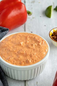 Bowl of smoky red pepper crema. Smoky Red Pepper Crema, Red Pepper Crema, Red Pepper Aioli Recipe, Crema Recipe, Roasted Red Pepper Sauce, Sour Cream Sauce, Red Pepper Sauce, Hello Fresh, Made From Scratch