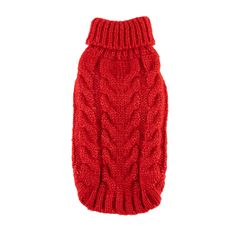 a red knitted dog sweater on a white background