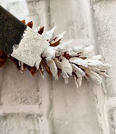 a close up of a pine cone on a brick wall