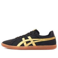 Onitsuka Tiger DD Trainer Sneakers/Shoes Black Sneakers For Light Sports With Gum Sole, Black Sneakers With Gum Sole For Light Sports, Black And Gold Sneakers, Gold Sneakers, Onitsuka Tiger, Trainer Sneakers, Sneakers Shoes, Skate Shoes, Stylish Sneakers