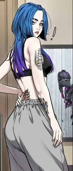 a drawing of a woman with blue hair and piercings on her chest standing in front of a door