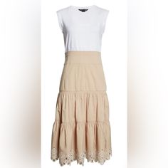 A Soft Jersey Bodice Pairs With A Tiered Eyelet-Trimmed Skirt For An Endlessly Charming Look. True To Size. Xs=00-2 Scoop Neck Short Sleeves 95% Cotton, 5% Spandex Dry Clean Fitted Midi Dress With Cutwork Hem For Spring, Fitted Midi Dress With Cutwork Hem, Fitted Tiered Skirt Dress For Daywear, Beige Tiered Skirt Midi Dress For Summer, Fitted Cotton Midi Dress With Tiered Skirt, White Tiered Skirt Midi Dress For Summer, White Tiered Midi Dress For Summer, White Tiered Skirt Dress For Daywear, Eyelet Dress