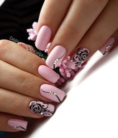 Pink Nail Art Designs, Pink Nail Art, Black Nail Designs, Black Nail, Flower Nail Art, Acrylic Nail Art, Gel Nail Designs, Nail Polishes, Gorgeous Nails