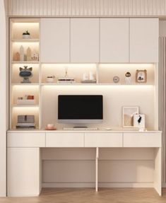 a white desk with a computer on top of it