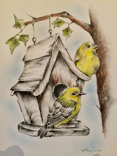 two yellow birds are sitting on a bird house