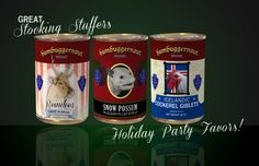 three cans of canned food with the words great stocking stuffers on them and an image of a dog's head