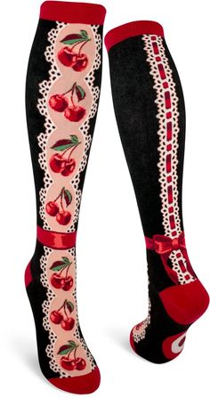 PRICES MAY VARY. U.S. shoe size: women’s 6–10, men's 4–8 Feels and looks great on calves up to 18 inches in circumference. Soft, stretchy, and long-lasting with reinforced heel and toe Lacy faux corset look and ribbon design, they are retro Las Vegas Rockabilly vamp! Designed at our headquarters in Bellingham, WA and made in Korea Branded logo knit into sole The Socks You've Been Missing!These rockabilly cherry socks are the bomb! With a lacy faux corset look and ribbon design, they are retro La Cherry Socks, Pretty Socks, Womens Knee High Socks, Sock Lovers, Inspiration Logo Design, Clothes Shopping, Ballet Slippers, Striped Socks, Calf Socks