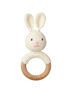 Bunny Rattle Teething Ring Baby : Toys : Teethers Ali + Oli Crochet Ball, Wooden Teether, Baby Teething Toys, Baby Teething, Teething Ring, Baby Teethers, Organic Baby Clothes, Bunny Toys, Teething Toys