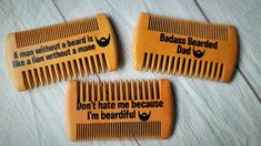 Get a laugh from the bearded guy in your life with this hilarious customized beard comb. Help them keep their pride and joy nice and neat and tidy! Perfect for Father's Day, Groomsmen Gift, Men's Birthday and more! Includes 1 Natural wood dual sided beard comb. Great for all men's hair types. Great for coarse and fine hair.  Size: 3.94"x2.17"x0.31" Optional: Add name personalization to the other side. Choose from one of these hilarious quotes or send me your own! -Badass Bearded Dad -Don't hate me because I'm beardiful -BEARD. Being Exceptional Among Regular Dudes -Real men don't shave -A man without a beard is like a lion without a mane -Respect the Beard -Beards are the new six packs Customization created using outdoor grade vinyl. Wood Beard Comb, Badass Beard, Men's Birthday, Beard Gifts, Hilarious Quotes, Beard Comb, Mens Grooming Kit, Beard Combs, Beard Grooming