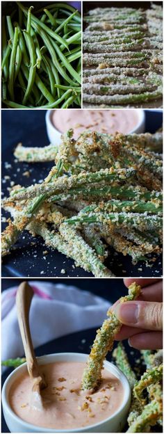 several pictures of green beans and dips with dipping sauce in the middle one is split into four sections