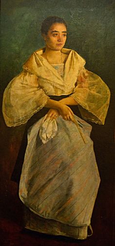 an oil painting of a woman with a white dress and yellow shawl on her shoulders