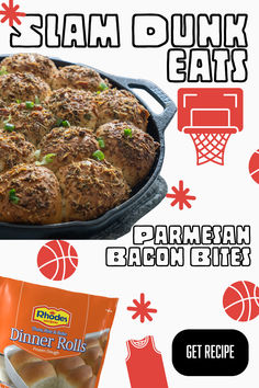 an advertisement for the slam dunk ball party with bread rolls and hotdogs