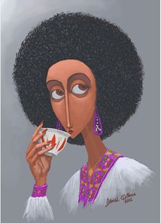 a painting of a woman with an afro holding a bowl of food