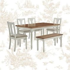 an image of a dining table and four chairs with bench in front of floral wallpaper