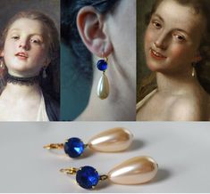 These reproduction 18th Century earrings were inspired by the two portraits by Italian Artist Pietro Rotari shown in the first image.  Both women are wearing large blue-stone earrings with dangling pearl drops.  I've always loved these portraits, and knew I had to recreate their lovely jewelry! My earrings are made with vintage glass Crystal stones in Sapphire blue (shown) or a Montana Sapphire Navy blue which is similar to the earrings worn by the girl on the right.  The stones are set in my hi Rococo Jewelry, 18th Century Jewelry, Blue Pearl Earrings, Grandmother Jewelry, Inspired Clothes, Historical Jewellery, Jewelry Design Inspiration, Jewelry Tags, Real Jewelry