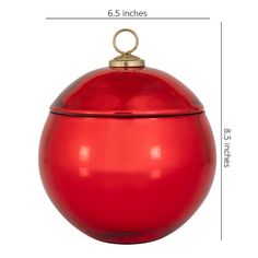 a red ball ornament is shown with measurements for the size and shape on it