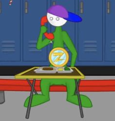 a cartoon character sitting at a desk in front of lockers