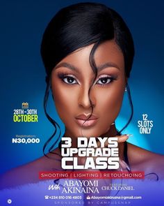 an advertisement for the 3 days upgrade class featuring a woman with black hair and makeup