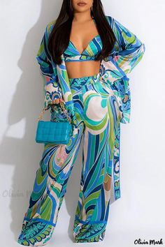 Olivia Mark - Blue Casual Printed Cardigan Vest and Pant Set with Turndown Collar and Long Sleeves Womens 3 Piece Suit, Dress With Gloves, Printed Pants Style, Retro Pants, Two Piece Pants Set, Spaghetti Strap Mini Dress, Casual Cardigans, Blue Cardigan, Turndown Collar