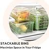 stacks of money in plastic containers with the words stackable bins maximum space in your fridge