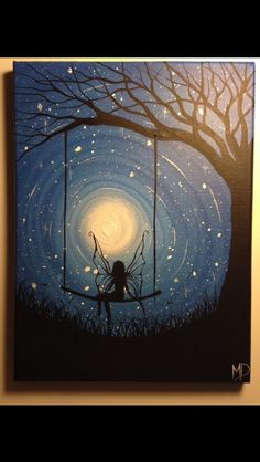 a painting of a person sitting on a swing in front of a night sky with stars