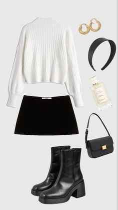 White Sweater And Black Skirt, Shein Outfits Codes Winter, Avery Grambs Outfits, Black And White Outfit Women, Fancy Christmas Outfits, Christmas Outfits Classy, Formal Fall Outfits, Black And White Aesthetic Outfit, Long Skirt Outfits Winter