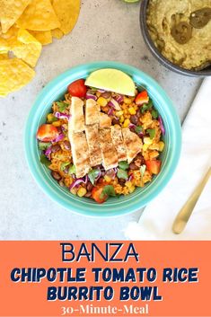 Banza chipotle tomato rice bowl with chicken and fresh tomatoes, lime wedge, and purple cabbage. Served with chips, salsa and guacamole on the side. Chicken Taco Bowl, Healthy Burrito, Chipotle Rice, Chickpea Rice, Healthy Burrito Bowl, Burrito Bowl Recipe, Juicy Chicken Breast, Chicken Taco Bowls