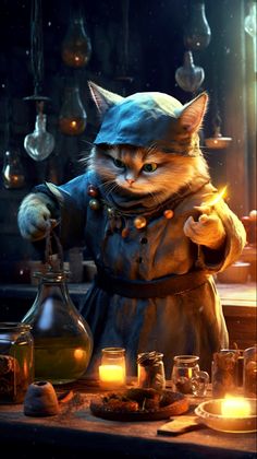 a cat dressed as a wizard standing in front of some jars