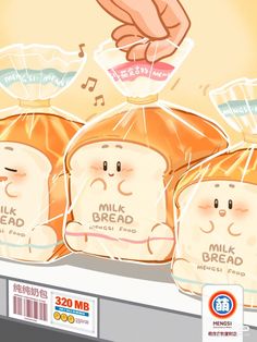 there are three bags of bread with faces on them, and one has a hand reaching for it