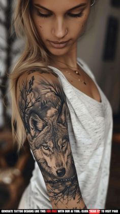 a woman with a wolf tattoo on her arm