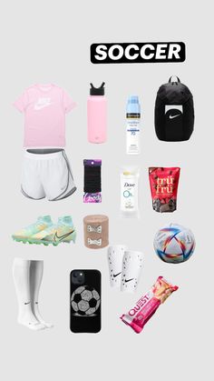 there are many items that can be found in this image, including shoes and sports gear