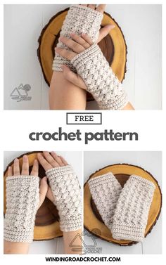 the crochet fingerless gloves is shown with text that reads free crochet pattern