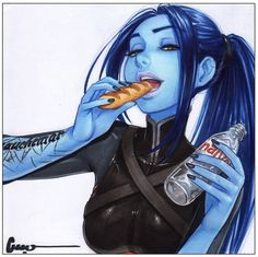 a drawing of a woman eating a slice of pizza and holding a soda in her hand