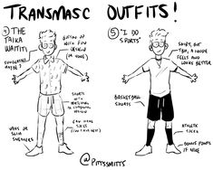 two men standing next to each other with the words transasc outfits on them