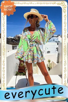 Summer Boho 2 Piece Set Suits Women Fashion V-neck Lantern Sleeve Print Set Tops and Shorts Outfits Beach Holiday Spring Suit Green V-neck Sets For Spring, Green V-neck Jumpsuits And Rompers For Beach Season, Casual V-neck Summer Set, Summer Long Sleeve Jumpsuits And Rompers For Vacation, Summer V-neck Jumpsuits And Rompers For Vacation, Floral Print Summer Sets For Brunch, Summer Long Sleeve Sets For Brunch, Summer Floral Print Sets For Brunch, Summer Floral Print Brunch Sets