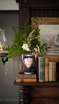 a vase filled with flowers sitting on top of a table next to books and a lamp